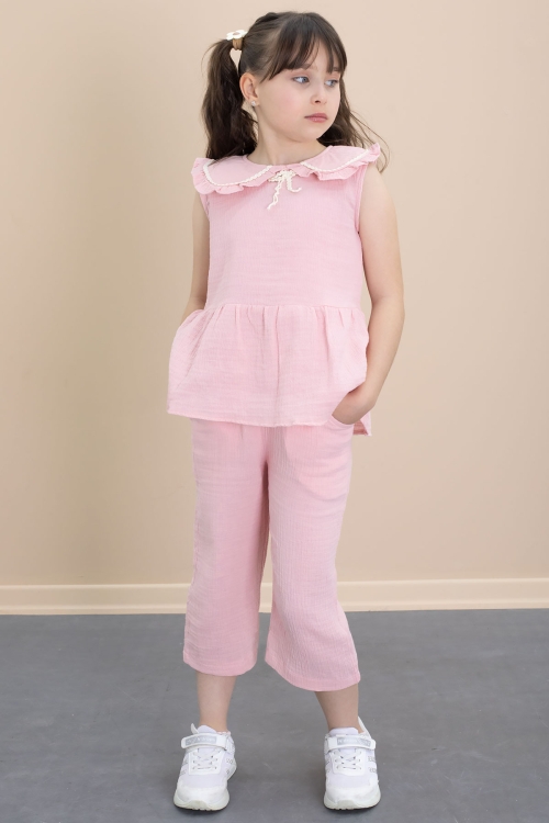 Pembe Sıfır Kol Bebe Yaka Bluzlu Pantolonlu Kız Çocuk 2li Takım 21028