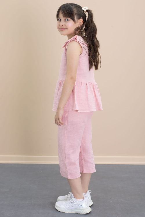 Pembe Sıfır Kol Bebe Yaka Bluzlu Pantolonlu Kız Çocuk 2li Takım 21028