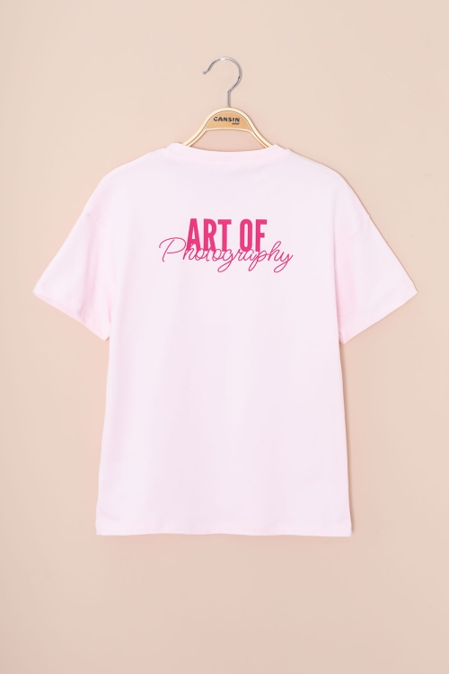 Pembe Sırtı Yazılı Fotoğraf Baskılı Kız Çocuk Bisiklet Yaka Tişört 20979