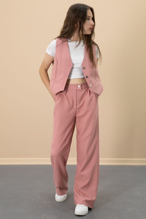 Pembe V Yaka Düğmeli Yelekli Geniş Paça Pantolonlu Kız Çocuk 2li Takım 20724