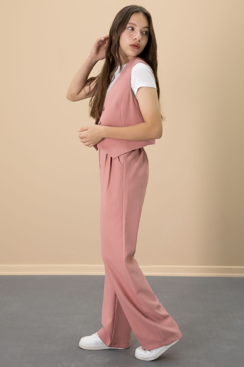Pembe V Yaka Düğmeli Yelekli Geniş Paça Pantolonlu Kız Çocuk 2li Takım 20724