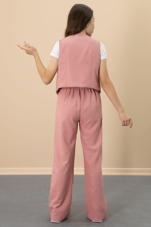 Pembe V Yaka Düğmeli Yelekli Geniş Paça Pantolonlu Kız Çocuk 2li Takım 20724