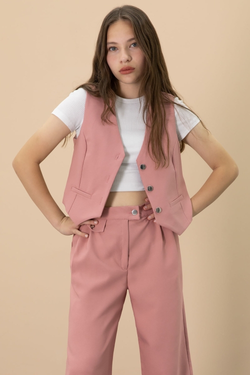 Pembe V Yaka Düğmeli Yelekli Geniş Paça Pantolonlu Kız Çocuk 2li Takım 20724