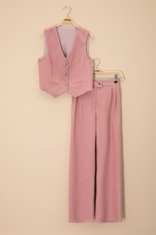 Pembe V Yaka Düğmeli Yelekli Geniş Paça Pantolonlu Kız Çocuk 2li Takım 20724