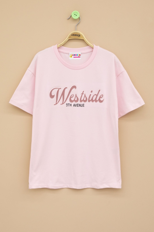Pembe West Side Kabartmalı Yazılı Kız Çocuk Bisiklet Yaka Tişört 20973