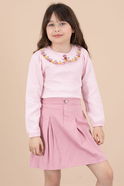 Pembe Yakası Çiçek Nakışlı Müslin Gömlekli Etekli Kız Çocuk 2li Takım 20673