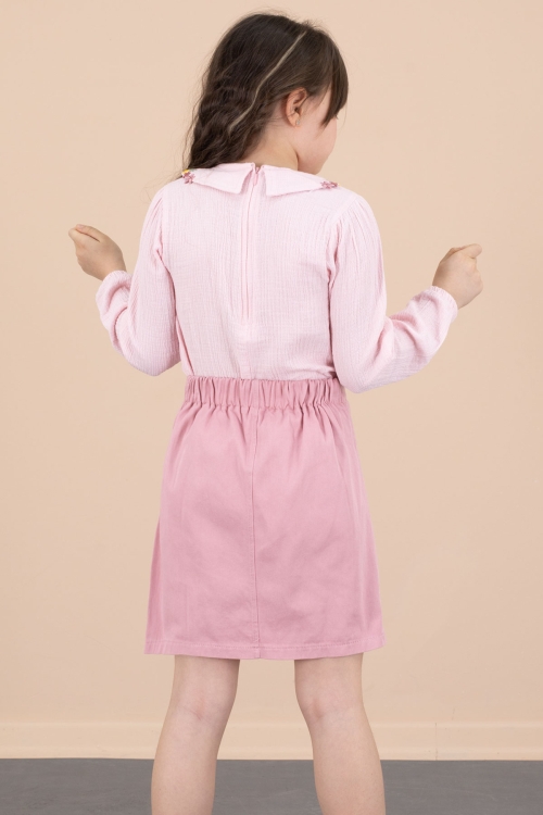 Pembe Yakası Çiçek Nakışlı Müslin Gömlekli Etekli Kız Çocuk 2li Takım 20673