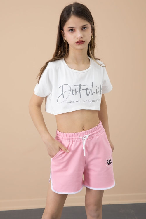 Pembe Yanları Yırtmaçlı Çiçek Baskılı Beli Lastikli Kız Çocuk Şort 20736