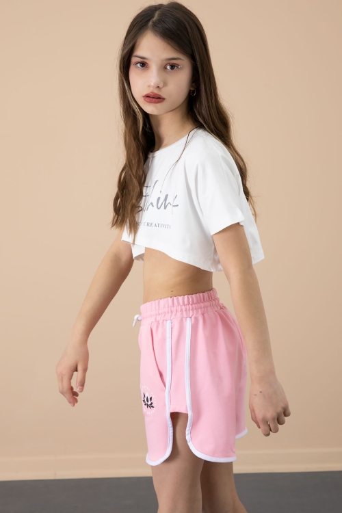 Pembe Yanları Yırtmaçlı Çiçek Baskılı Beli Lastikli Kız Çocuk Şort 20736