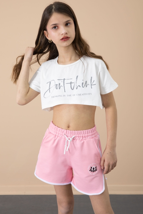 Pembe Yanları Yırtmaçlı Çiçek Baskılı Beli Lastikli Kız Çocuk Şort 20736