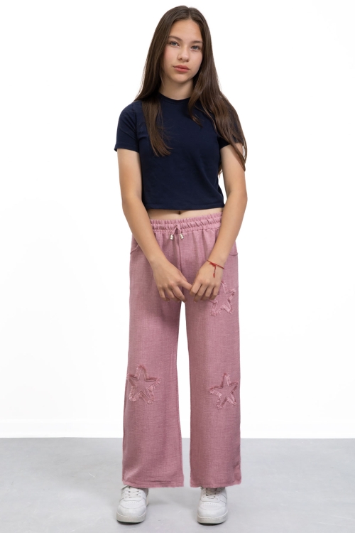 Pembe Yıldız Nakışlı Geniş Paça Rahat Kumaş Kız Çocuk Pantolon 21148