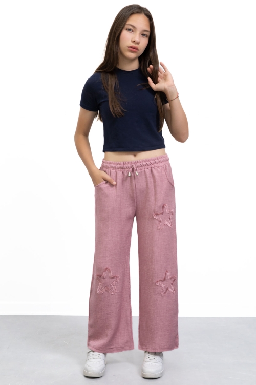 Pembe Yıldız Nakışlı Geniş Paça Rahat Kumaş Kız Çocuk Pantolon 21148