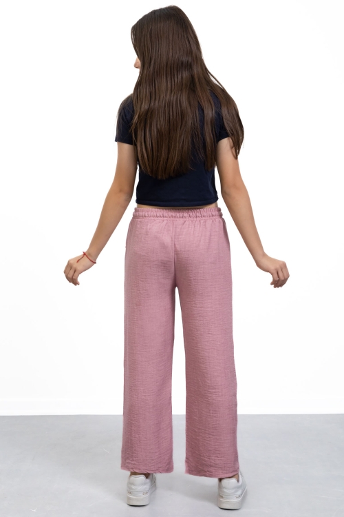 Pembe Yıldız Nakışlı Geniş Paça Rahat Kumaş Kız Çocuk Pantolon 21148