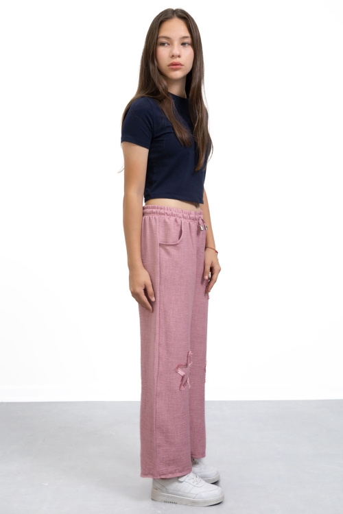 Pembe Yıldız Nakışlı Geniş Paça Rahat Kumaş Kız Çocuk Pantolon 21148