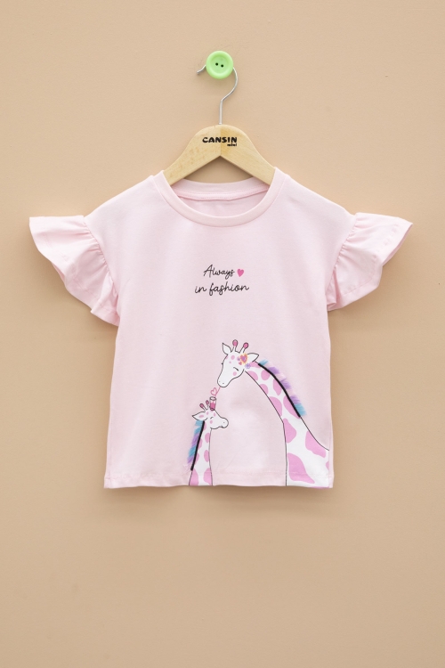 Pembe Zürafa Baskılı Fırfırlı Kız Bebek Kısa Kol Tişört 20991