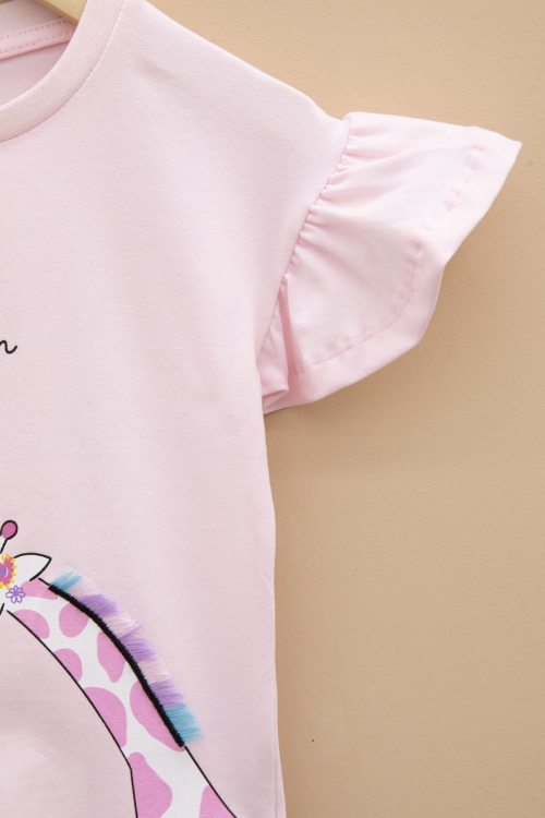 Pembe Zürafa Baskılı Fırfırlı Kız Bebek Kısa Kol Tişört 20991