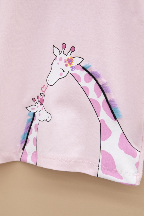 Pembe Zürafa Baskılı Fırfırlı Kız Bebek Kısa Kol Tişört 20991