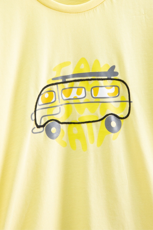 Sarı Araba Baskılı Bisiklet Yaka Erkek Çocuk Kısa Kol Tişört 20922