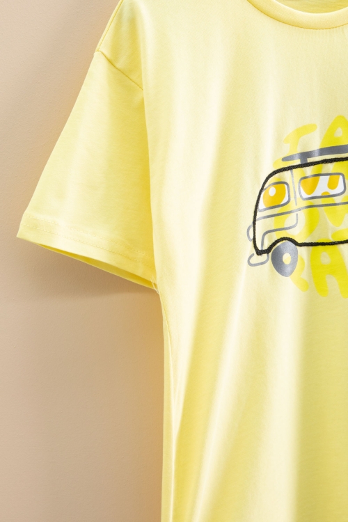 Sarı Araba Baskılı Bisiklet Yaka Erkek Çocuk Kısa Kol Tişört 20922