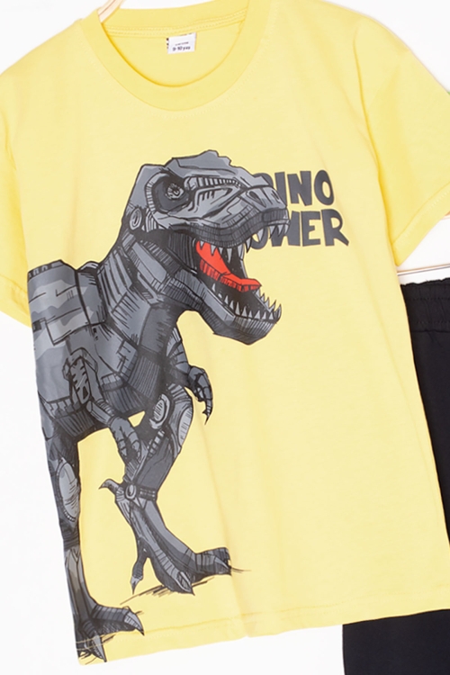 Sarı  Dino Baskılı Yazılı Erkek Çocuk Şortlu Alt Üst Takım 20635