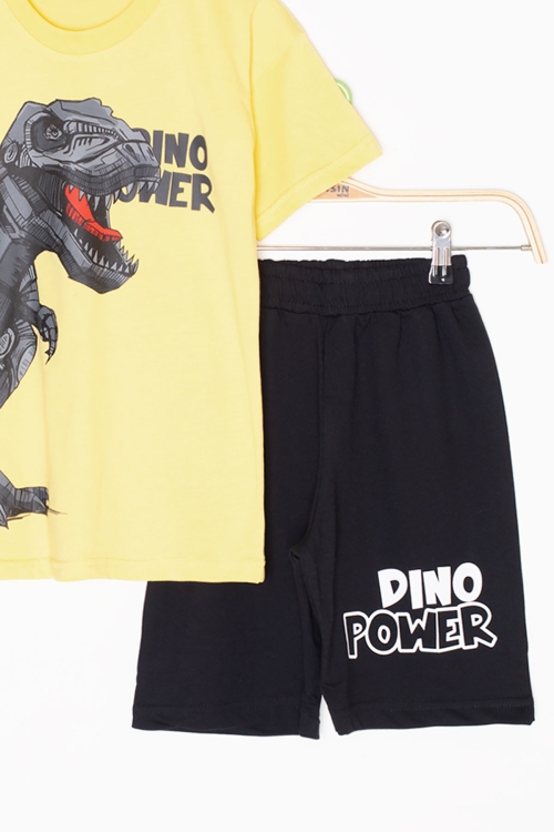 Sarı  Dino Baskılı Yazılı Erkek Çocuk Şortlu Alt Üst Takım 20635