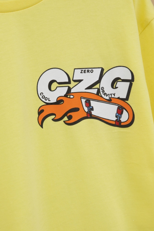 Sarı Kaykay Baskılı Yazılı Erkek Çocuk Bisiklet Yaka Tişört 20915