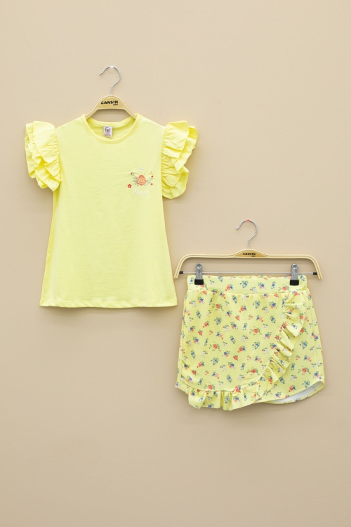 Sarı Kolları Fırfırlı Çiçek Desenli Şort Etekli 2li Takım 20719