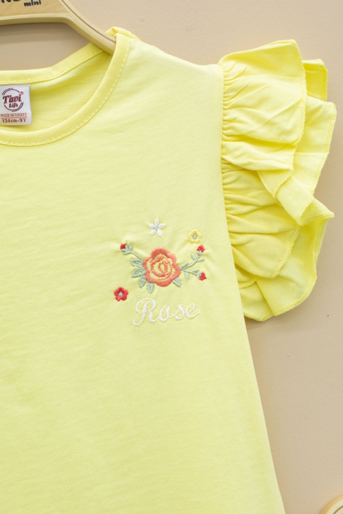 Sarı Kolları Fırfırlı Çiçek Desenli Şort Etekli 2li Takım 20719