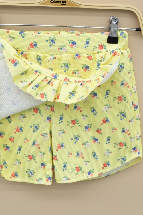 Sarı Kolları Fırfırlı Çiçek Desenli Şort Etekli 2li Takım 20719