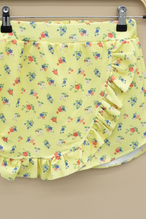 Sarı Kolları Fırfırlı Çiçek Desenli Şort Etekli 2li Takım 20719