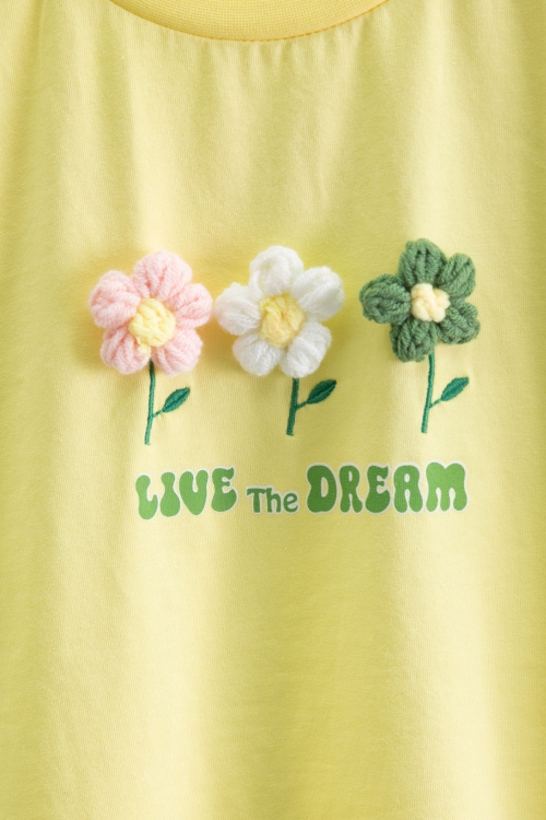 Sarı Papatya Nakışlı Bisiklet Yaka Kız Çocuk Tişört 20982