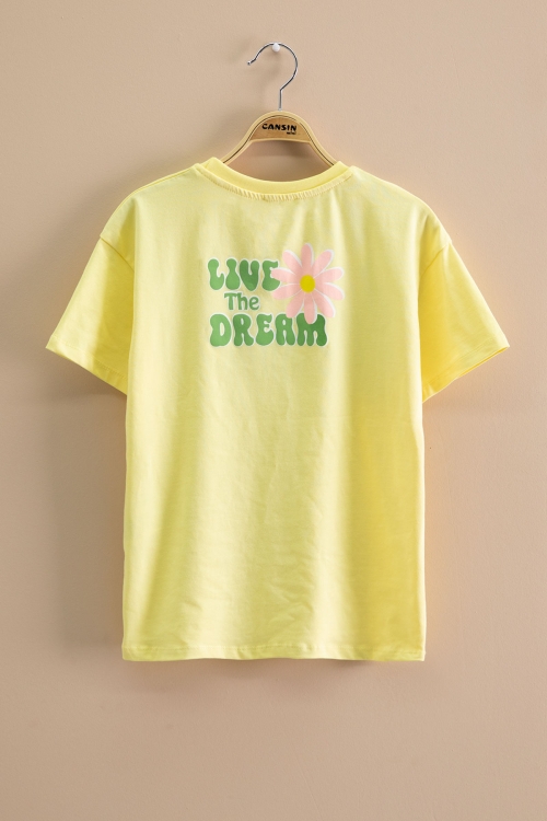 Sarı Papatya Nakışlı Bisiklet Yaka Kız Çocuk Tişört 20982