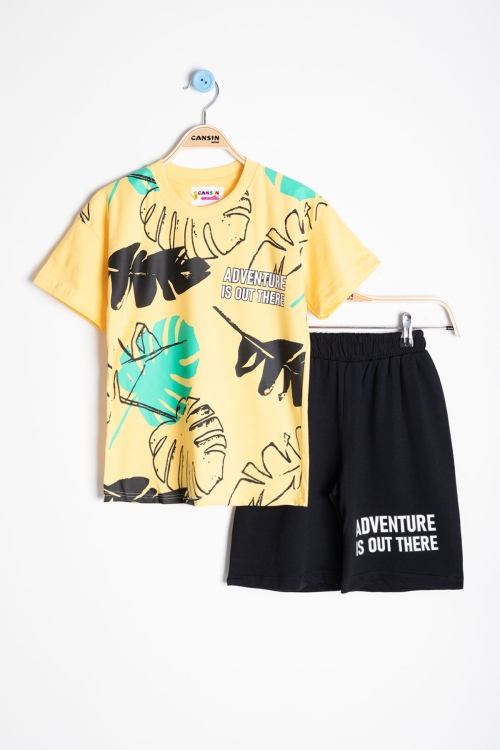 Sarı Yaprak Baskılı Bisiklet Yaka Erkek Çocuk 2li Şortlu Takım 21056