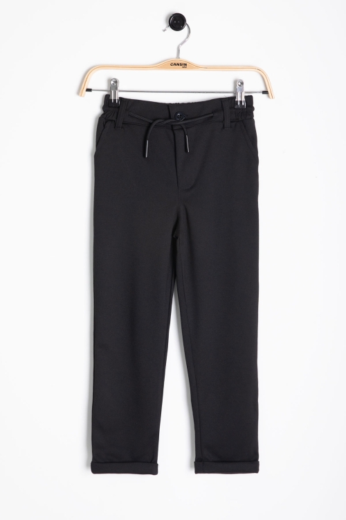 Siyah Beli  Bağcıklı Duble Paça Erkek Çocuk Jogger Kumaş Pantolon 20744