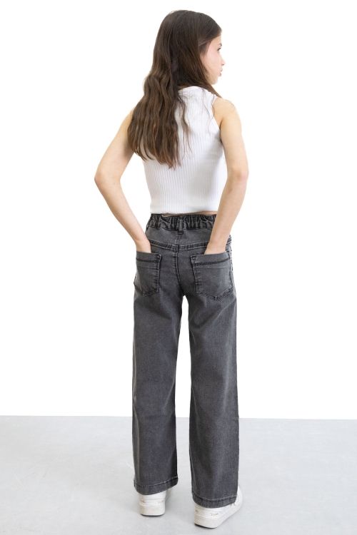 Siyah Beli Lastikli Geniş Paça Kız Çocuk Payetli Jean Pantolon 20771