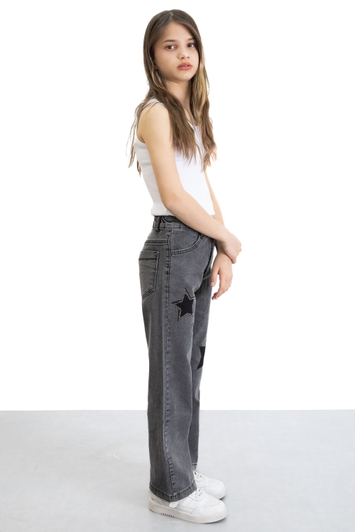 Siyah Beli Lastikli Geniş Paça Kız Çocuk Payetli Jean Pantolon 20771