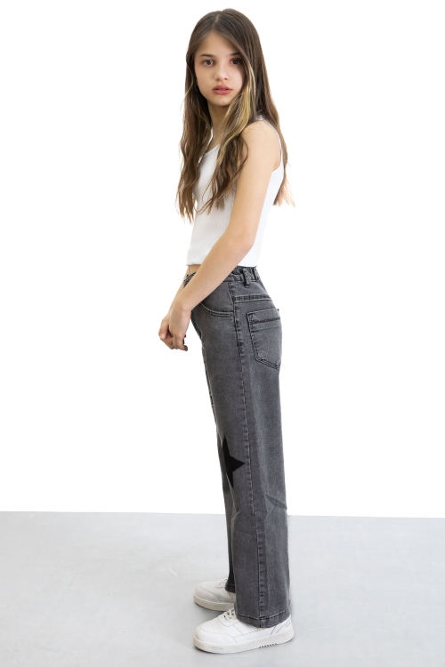 Siyah Beli Lastikli Geniş Paça Kız Çocuk Payetli Jean Pantolon 20771