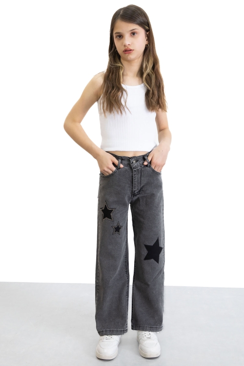 Siyah Beli Lastikli Geniş Paça Kız Çocuk Payetli Jean Pantolon 20771