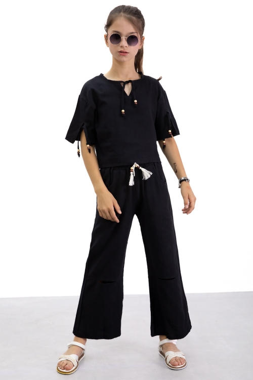 Siyah Boyundan Bağlamalı Tişörtlü Kız Çocuk Pantolonlu 2li Takım 21186