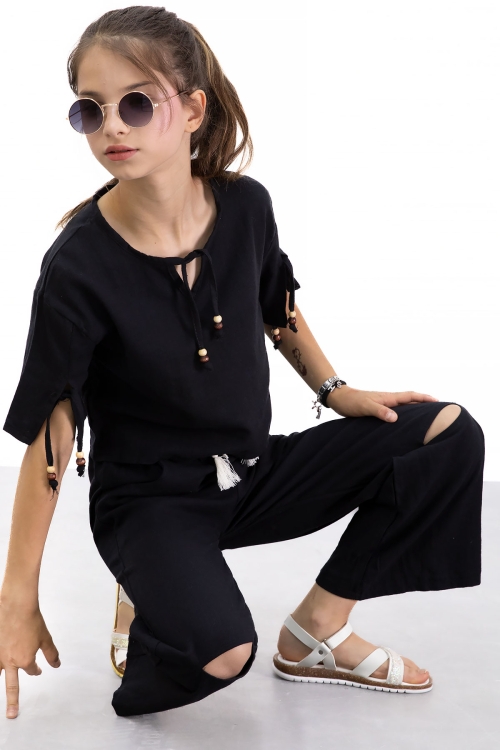 Siyah Boyundan Bağlamalı Tişörtlü Kız Çocuk Pantolonlu 2li Takım 21186