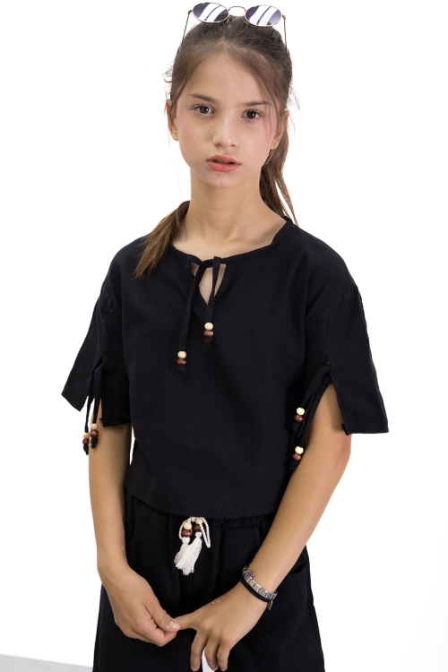 Siyah Boyundan Bağlamalı Tişörtlü Kız Çocuk Pantolonlu 2li Takım 21186