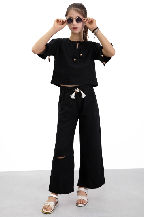 Siyah Boyundan Bağlamalı Tişörtlü Kız Çocuk Pantolonlu 2li Takım 21186