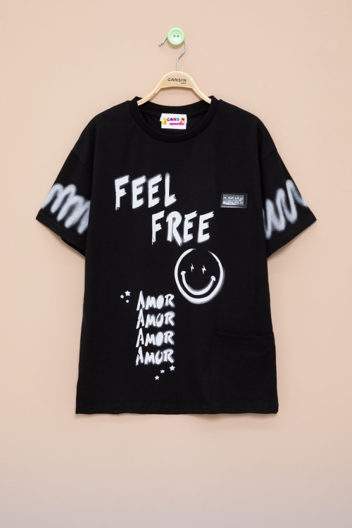 Siyah Cep Detaylı Yazı Baskılı Erkek Çocuk Bisiklet Yaka Tişört 20904