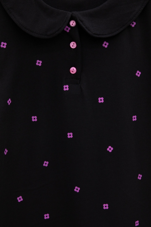 Siyah  Çiçek Desenli Düğmeli Yaka Kız Çocuk Tişört 20988