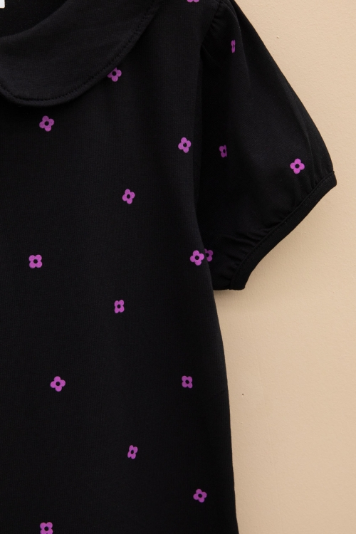 Siyah  Çiçek Desenli Düğmeli Yaka Kız Çocuk Tişört 20988