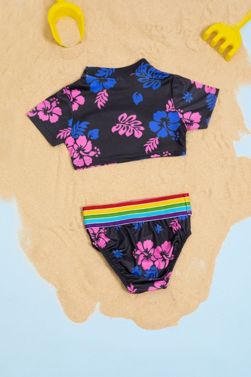 Siyah Çiçek Desenli Gökkuşağı Şeritli Kız Çocuk 2li Mayo Takımı 21112