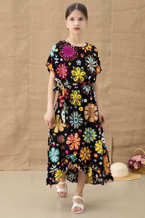 Siyah Çiçek Desenli Kısa Kol Kız Çocuk Kuşaklı Elbise 20768