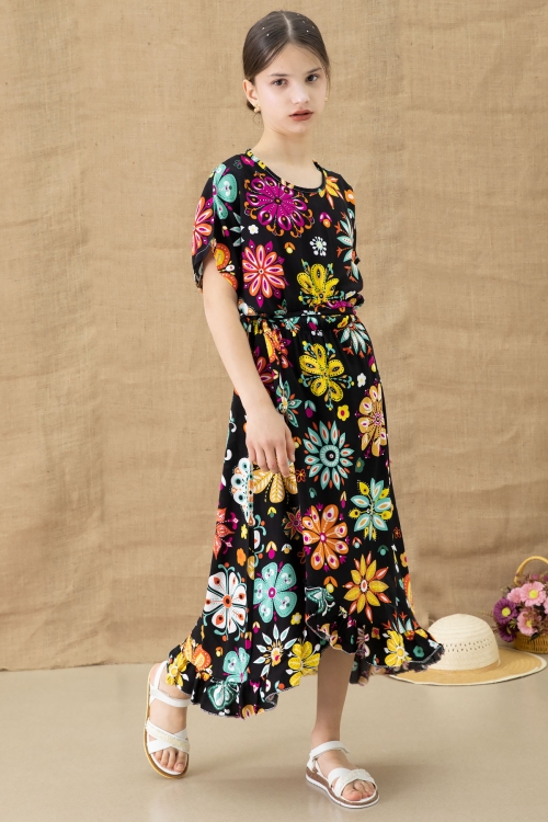 Siyah Çiçek Desenli Kısa Kol Kız Çocuk Kuşaklı Elbise 20768