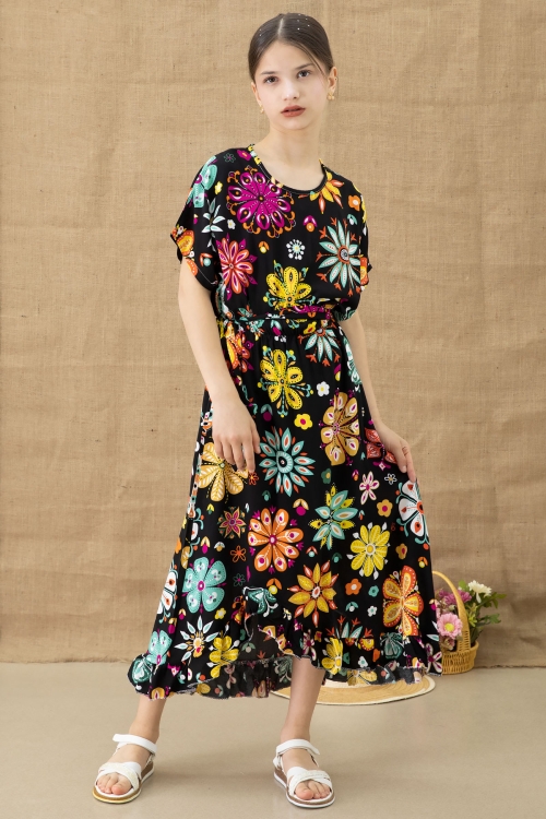 Siyah Çiçek Desenli Kısa Kol Kız Çocuk Kuşaklı Elbise 20768