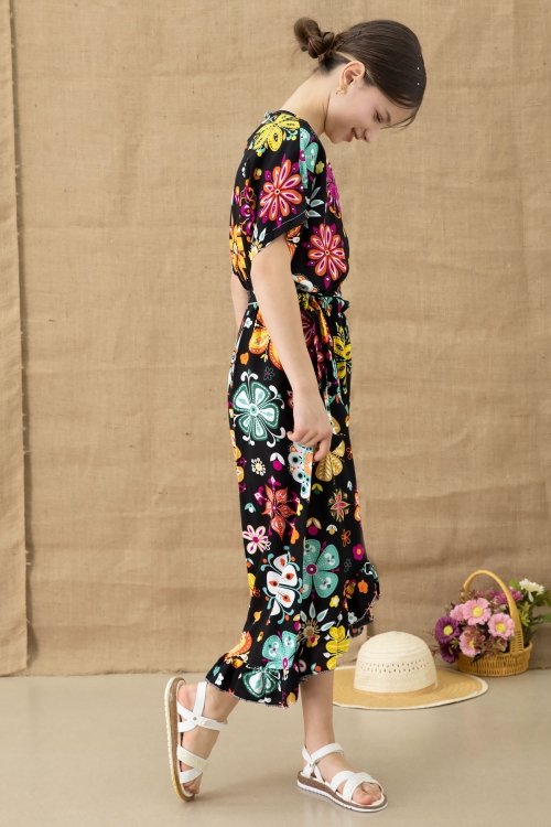 Siyah Çiçek Desenli Kısa Kol Kız Çocuk Kuşaklı Elbise 20768